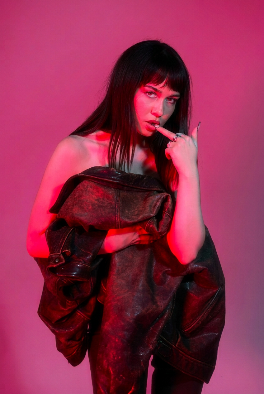 Gel-lit social content photography — model in a leather jacket under red gel lighting on a pink backdrop, vertical-first content production by Maison Division